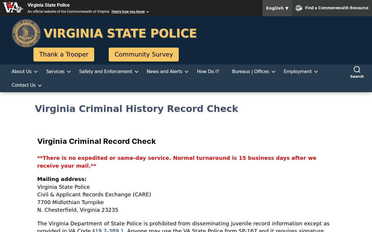Greensville County arrest record Virginia State Police request information