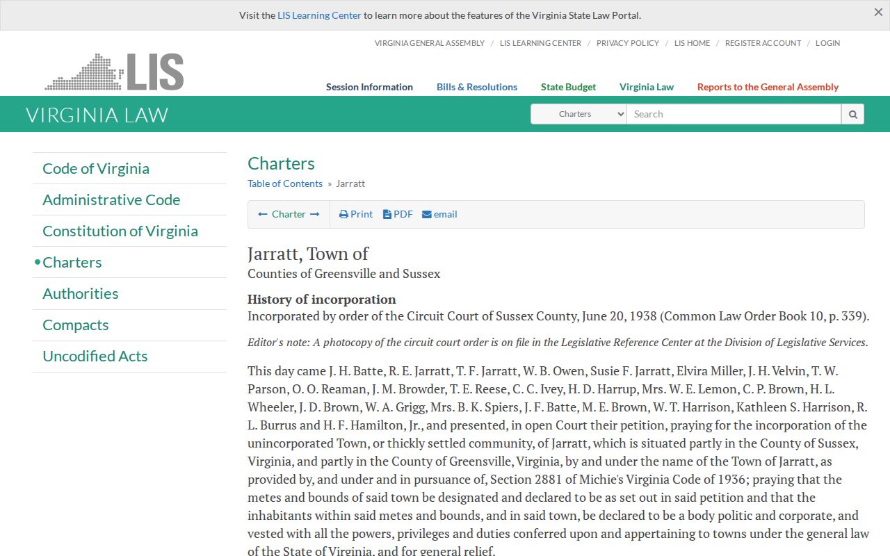 Jarratt criminal record check source showing the official town charter