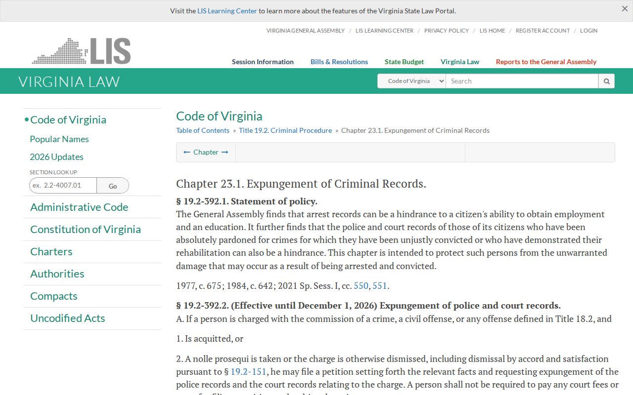 Greensville County criminal case Virginia expungement provisions